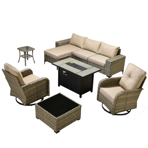 Verano 9-Piece Wicker Outdoor Patio Conversation Sofa Swivel Chairs Set with Metal Fire Pit and Beige Cushions