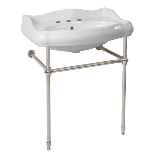 Nameeks 1837 Ceramic Console Bathroom Sink in White with 3 Faucet Holes and Chrome Stand