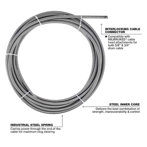 Milwaukee®, Milwaukee® 48-53-2775 Open Wind Coupling Drain Cleaning Cable,  5/8 in, Steel, For Use With Drain Cleaning Machines, 1-1/4 to 2-1/2 in Drain  Line