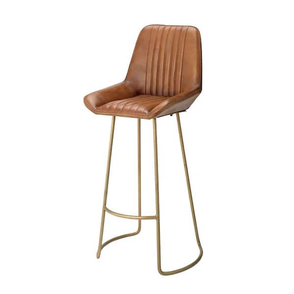 Benjara 38 in. Brown and Brass Low Back Metal Frame Barstool with Leatherette Seat