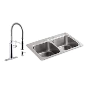 Verse All-in-One Drop-in Stainless Steel 33 in. Double Bowl Kitchen Sink with Sous Kitchen Faucet