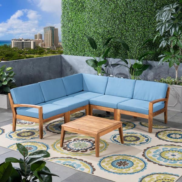 Noble House Grenada Teak Brown 6-Piece Wood Patio Conversation Set with Blue Cushions