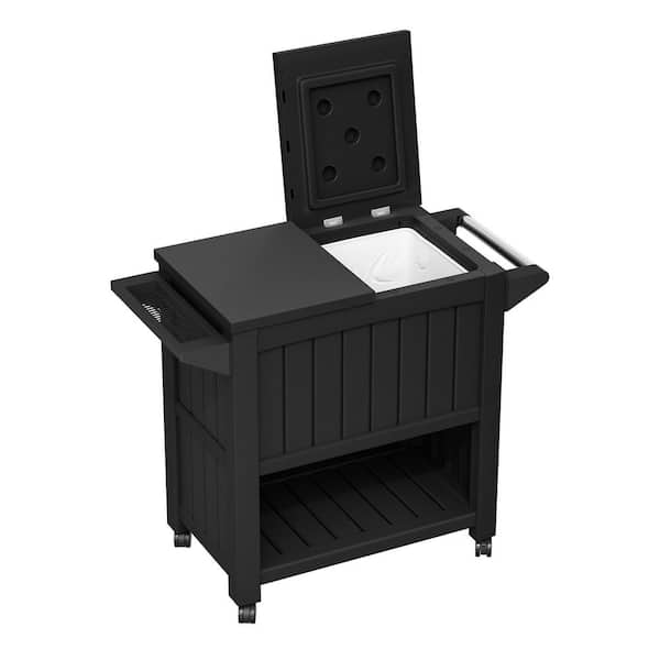 85 qt. Black Outdoor Patio Beverage Rolling Cooler with Wheels, Handles Woodgrain Ice Chest Bar Cart 48 Hour Cold Drink
