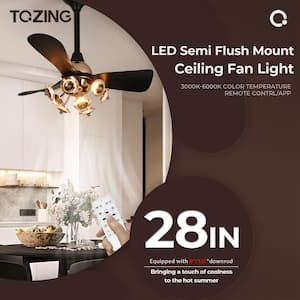 28 in. Smart Indoor Black Gold Acrylic Flower Low Profile Integrated LED Semi Flush Mount Ceiling Fan with Mute Remote