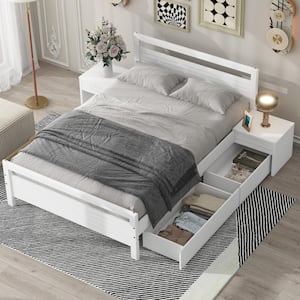 White Wooden Frame Full Size Platform Bed with 2 Beside Tables and 2-Drawers