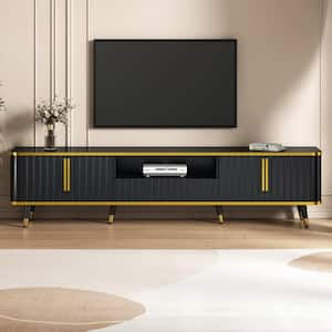 Modern Gold/Black TV Stand Fits TV's Up to 85 in. with Open Storage Shelf, Cabinets and Drawers, Unique Legs