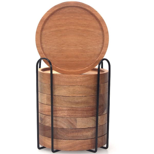 Set of 8 Modern 4 in. Absorbent Wooden Coasters with Holder Natural Wood Tone Coasters