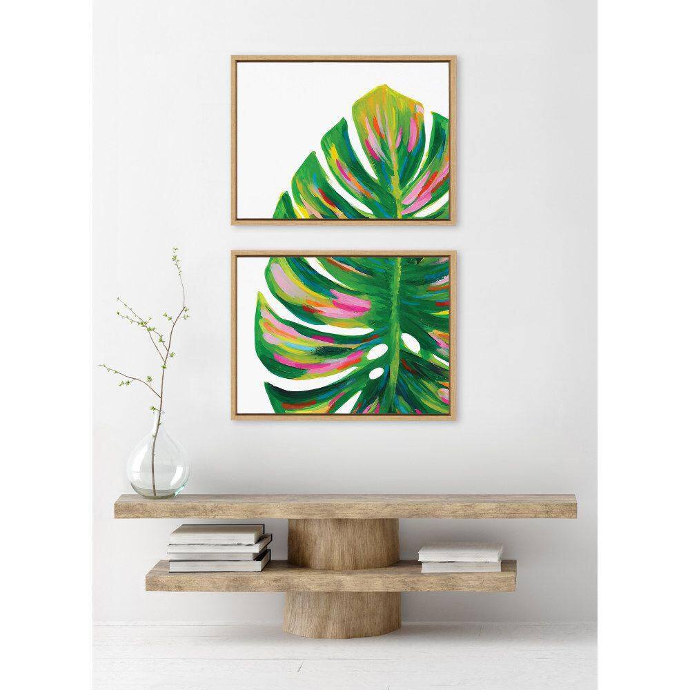 Colorful Monstera Leaf Print on Canvas, Natural Frame, 18x24