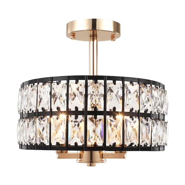 12.59 in. 3-Light Black and French Gold Modern Drum Semi-Flush Mount Light With Clear Crystal Glass Shade