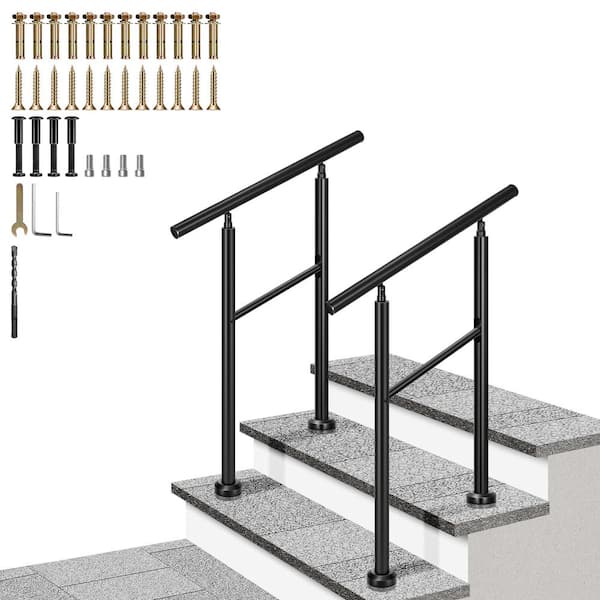 2-Pack 2 Step 36 in. H x 27 in. W Black Wrought Iron Round Handrail Stair Railing Kit