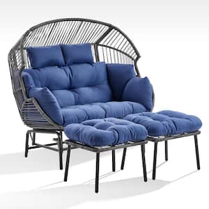 Gray Wicker Outdoor Egg Chair Large Lounge Chair with Stand and Blue Cushions
