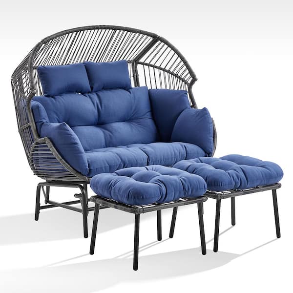 Gymojoy Corina ourdoor/indoor  2-Person Gray Wicker Egg Patio Glider, Large Lounge Chair with Blue Cushions with Ottomans