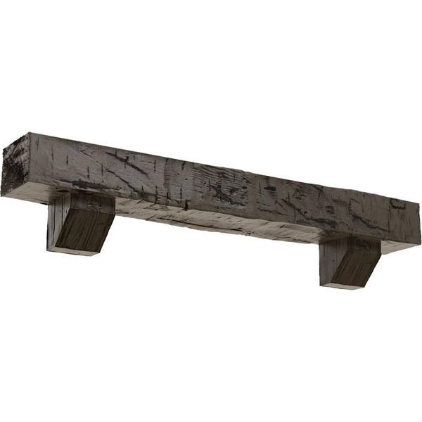 Ekena Millwork 4 in. x 8 in. x 3 ft. Hand Hewn Faux Wood Fireplace Mantel Kit with Ashford Corbels, Burnished Honey Dew