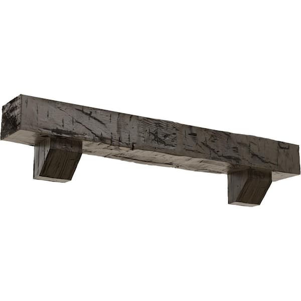 Ekena Millwork 6 in. x 8 in. x 3 ft. Hand Hewn Faux Wood Fireplace Mantel Kit with Ashford Corbels, Burnished Honey Dew