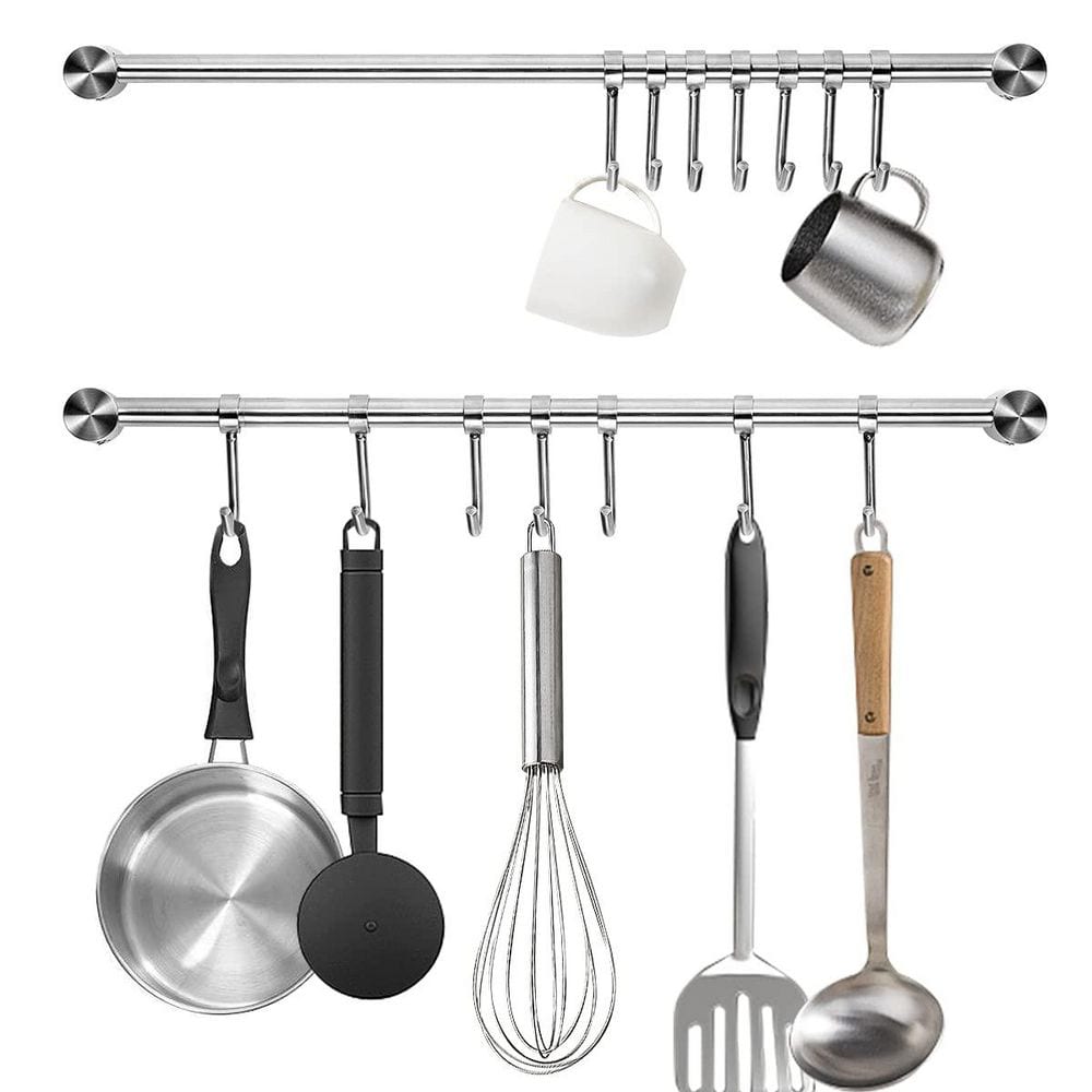 Stainless Steel Kitchen Utensil Rack, 2-Pack 15.6 Inch Wall Mounted Pot and Pan Hanger with 7 Sliding Hooks