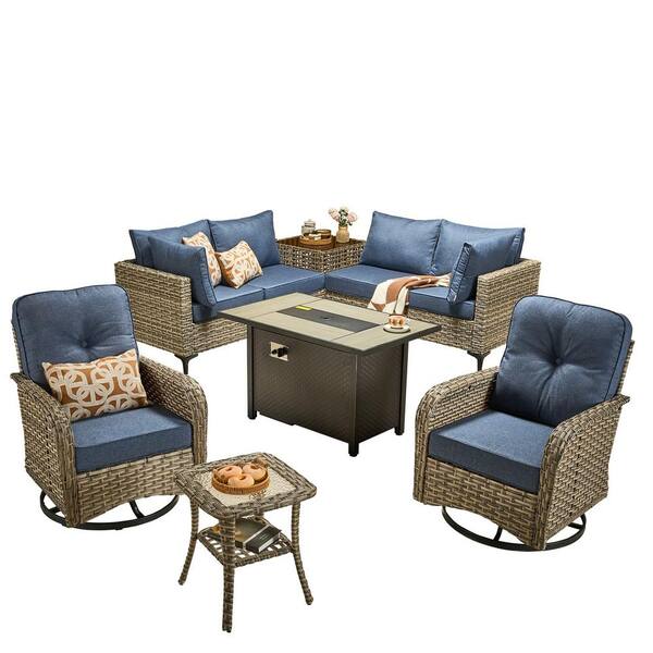 Savona 9-Piece Wicker Outdoor Patio Conversation Sofa Sectional Seating Set with Metal Fire Pit and Denim Blue Cushions