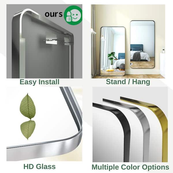 36 in. W x 60 in. H Rectangular Modern Silver Aluminum Framed Rounded Full Length Mirror