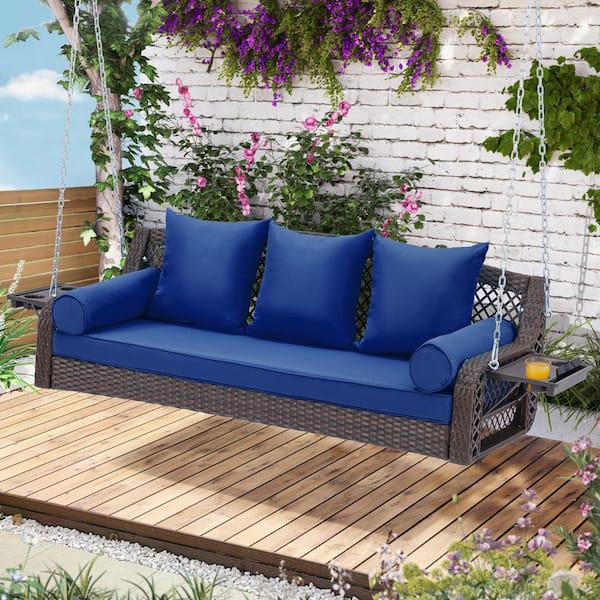 Tenleaf 3-Person Wicker Porch Swing with Cup Holders and Blue Cushions, Yard Swing with Chains for Deck Garden Backyard