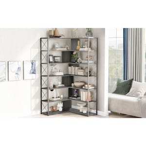38 in. W Silver 7-Shelves Bookcase with Gray Metal Frame
