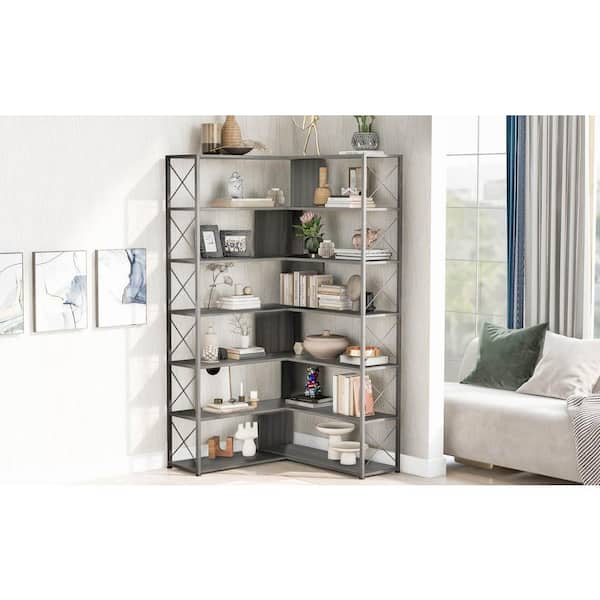 Nestfair 38 in. W Silver 7-Shelves Bookcase with Gray Metal Frame