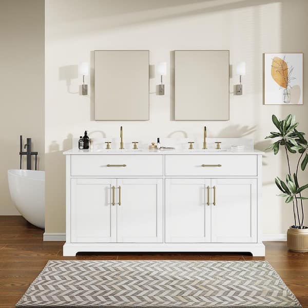 60 in. White Wood Double Sink Freestanding Bathroom Vanity with White Marble Top (Assembled)