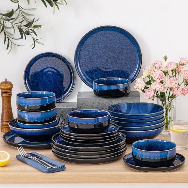 MALACASA 24-Piece Blue Stoneware Dinnerware Set Service For 6 Bowls and Plates Tableware Set VC-STARRY-B-24-FC