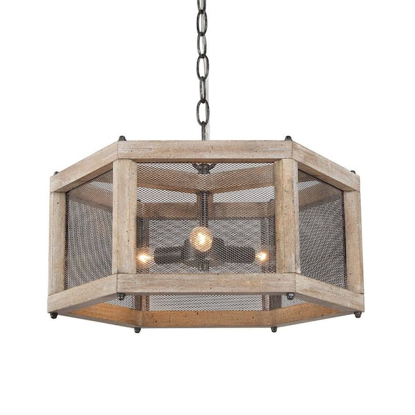 3-Lights Brown Wood Chandelier Kitchen Island Lantern Cage Pendant Light for Bedroom Foyer