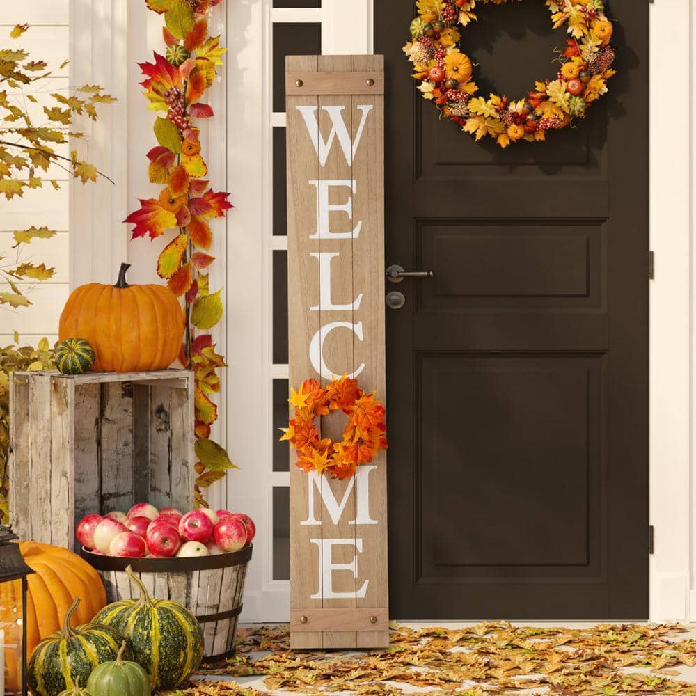 Glitzhome 60 in. H Wooden Welcome Porch Sign with 4 Changable Wreathes ...