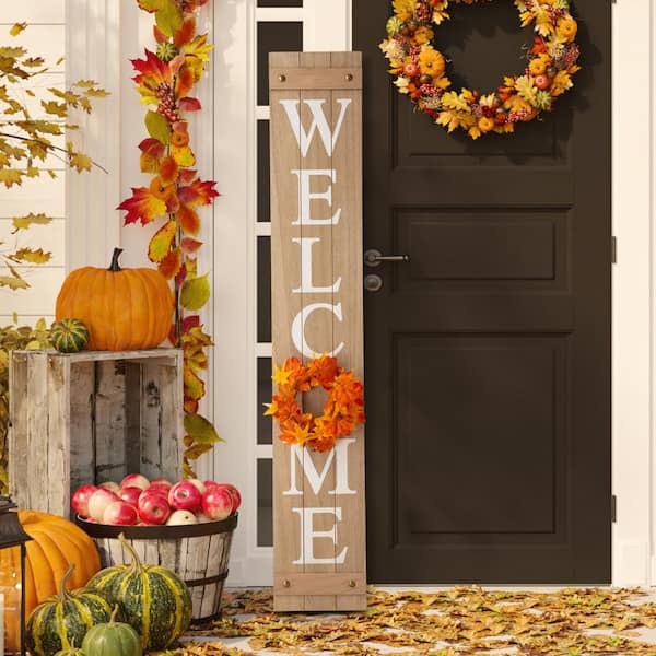 Glitzhome 60 in. H Wooden Welcome Porch Sign with 4 Changable Wreathes (Spring/Patriotic/Fall/Christmas)