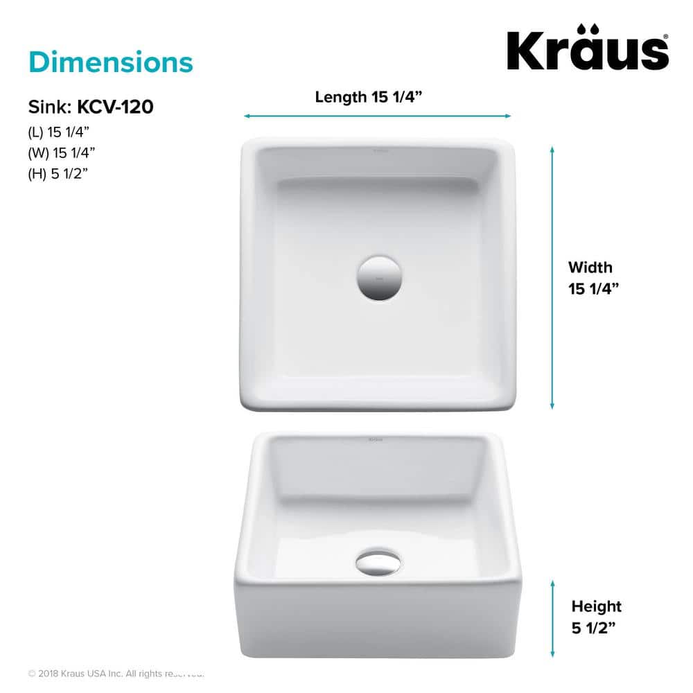 White Ceramic Square Vessel Bathroom Sink, 15-inch
