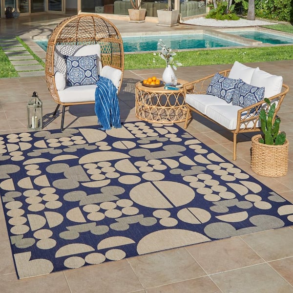 Mickey Mouse Spheres Navy/Sand 9 ft. x 13 ft. Abstract Indoor/Outdoor Area Rug