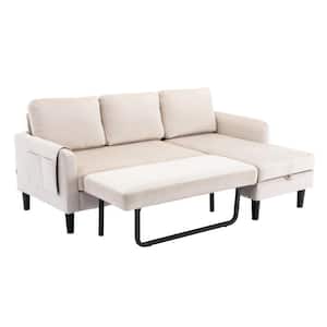 73 in. Modern Beige Velvet Reversible Sleeper Sectional Sofa Bed with Side Pocket and Storage Chaise
