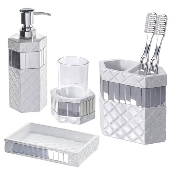Dracelo 4-Piece Bathroom Accessory Set with Soap Dispenser, Toothbrush Holder, Tumbler and Soap Dish in. White