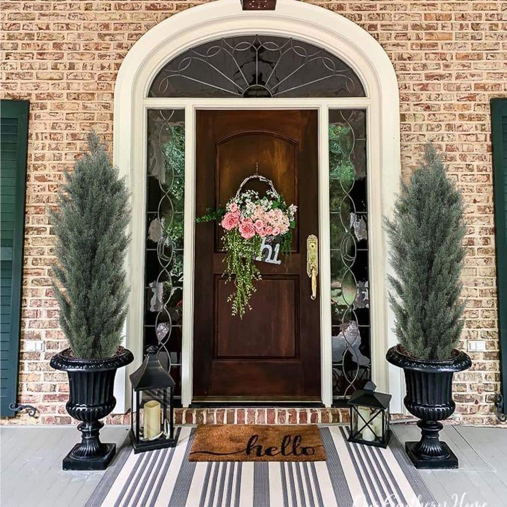 4ft Dark Green Cedar Topiary Trees in Black Cement Pots, Set of 2