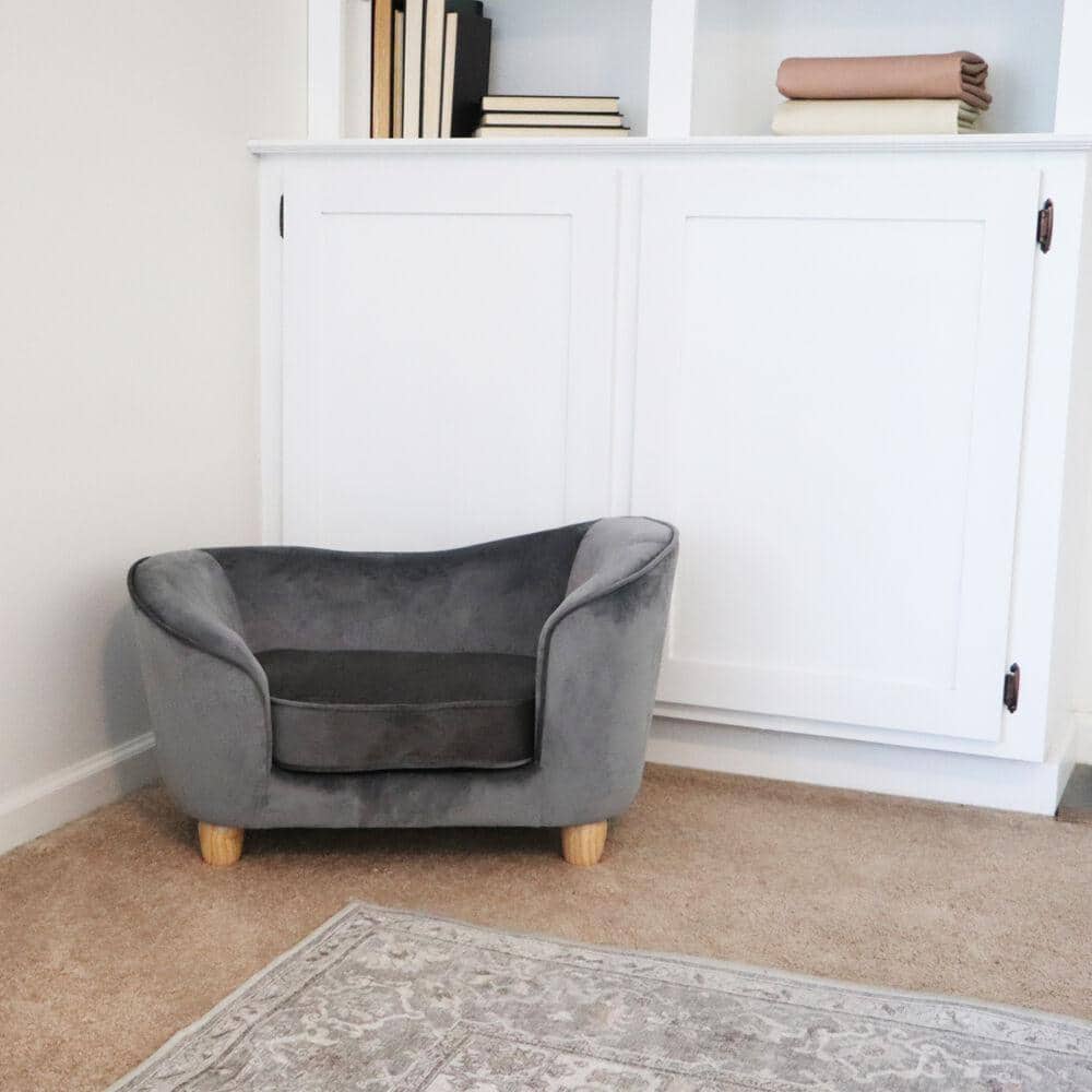 Small Gray Faux-Velvet Elevated Oval Pet Bed with Wood Legs