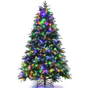 7 ft. Green Pre-Lit PVC and PE Snow Flocked Artificial Christmas Tree with Berries and Pine Cones