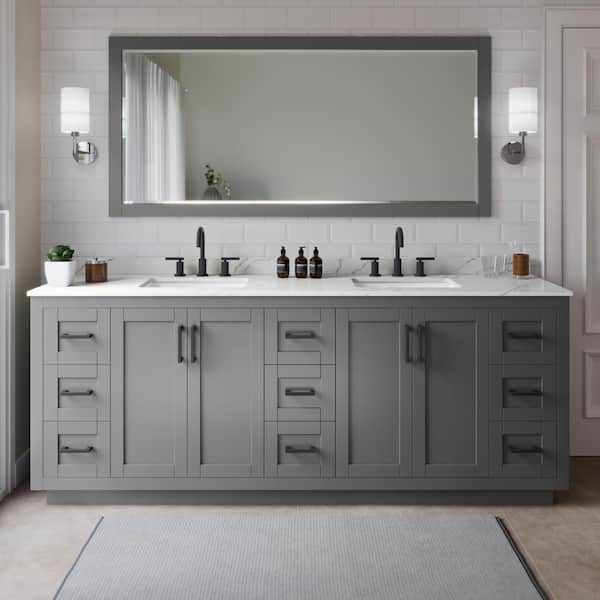 Wyndham Collection Miranda 84 in. W x 22 in. D x 33.75 in. H Double Bath Vanity in Dark Gray with Giotto quartz Top and 70 in. Mirror