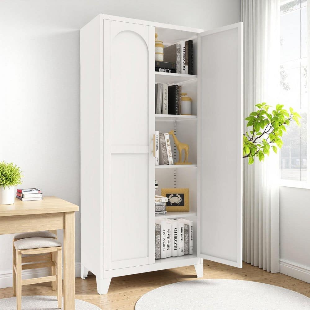 5-Tier White Metal Pantry Storage Cabinet with 2 Doors and Adjustable Shelves for Bedroom, Living Room, Kitchen