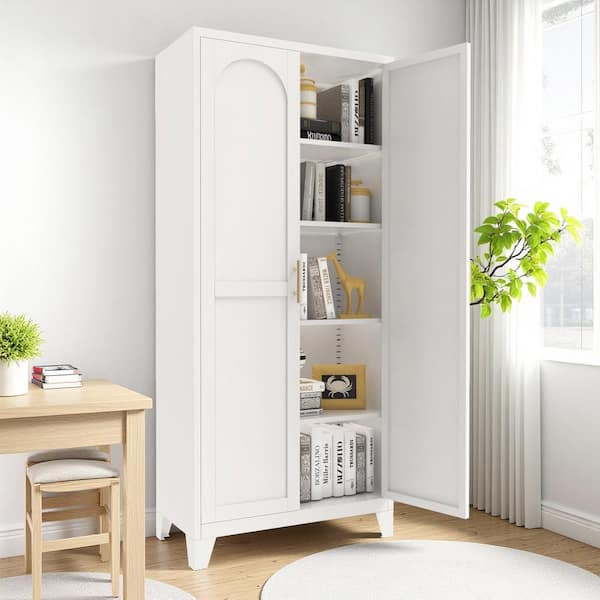 Tileon 5-Tier White Metal Pantry Storage Cabinet with 2 Doors and Adjustable Shelves for Bedroom, Living Room, Kitchen