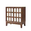 Walnut storage cabinet with arched panels on white background.