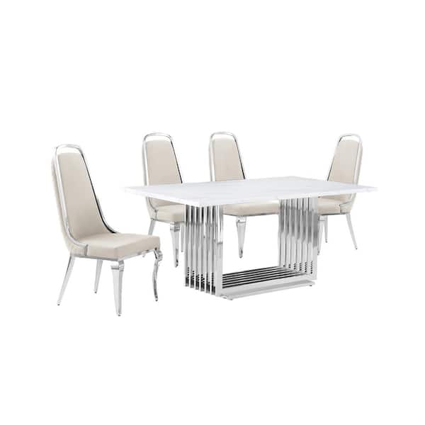 Best Quality Furniture Lisa 5-Piece Rectangular White Marble Top Chrome Base Dining Set with Cream Velvet Chairs Seats 4.