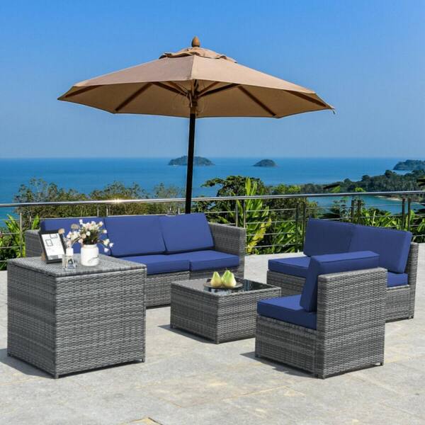 Clihome 8Piece Wicker Patio Conversation Set Sofa Rattan Dinning Furniture Set with Navy