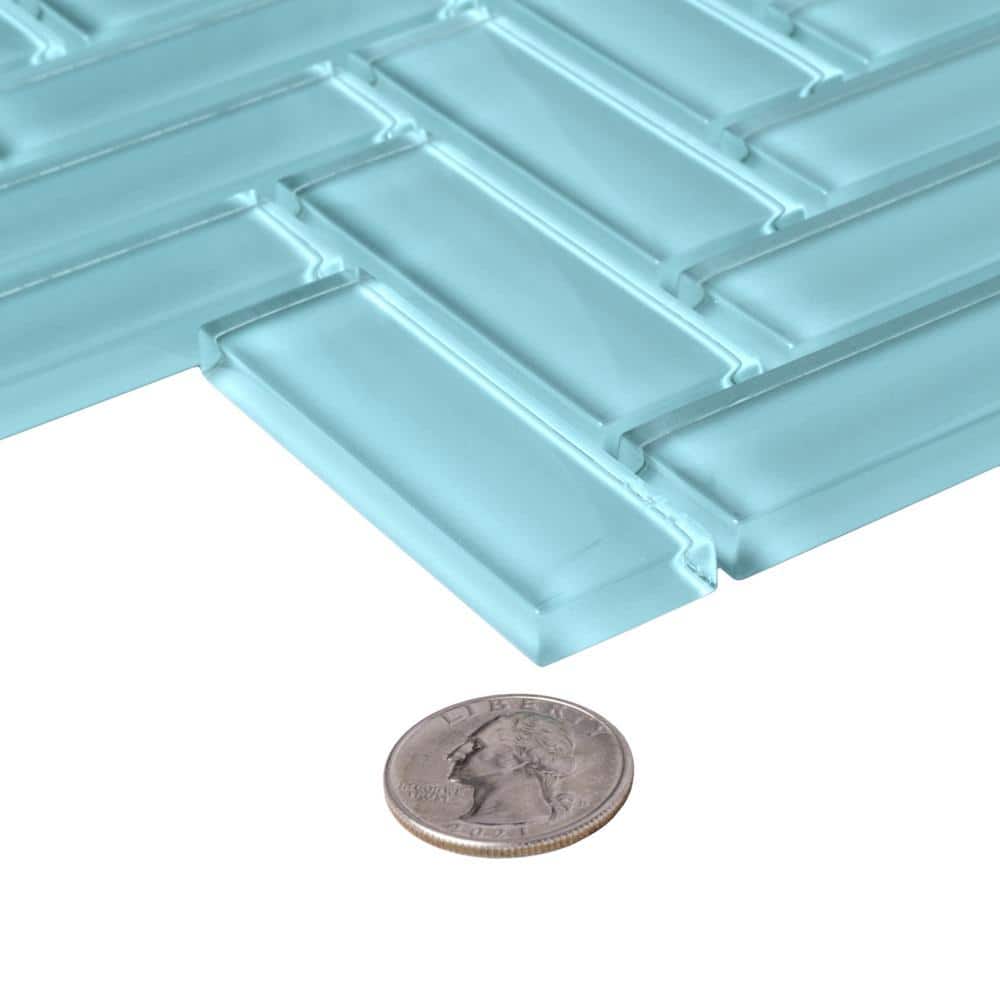 Sky Blue Herringbone Polished Glass Mosaic Tile