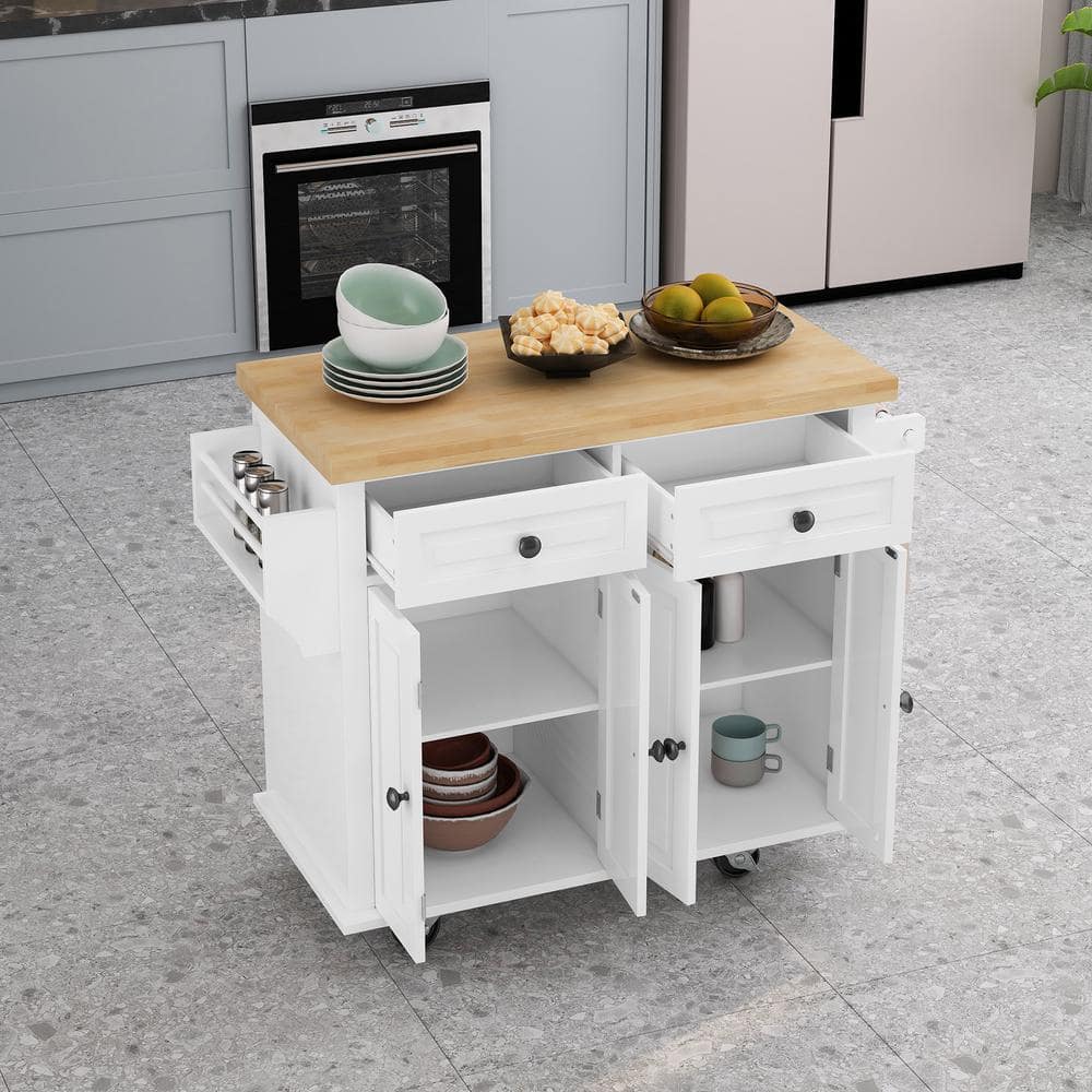 White Rubber wood Kitchen Cart with Spice Rack and Towel Rack