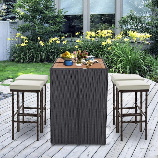 ANGELES HOME Set of 2 Patio Wicker Outdoor Bar Stools with Beige Seat Cushions and Footrest