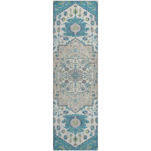 Mayfield Premium Machine Washable Abstract AMF985 Teal 2 ft. 3 in. x 7 ft. 6 in. Runner Rug