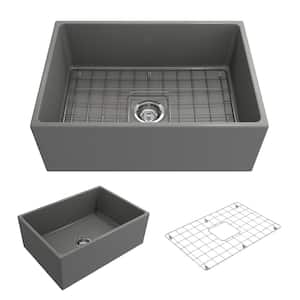 Contempo Farmhouse/Apron-Front Fireclay 27 in. Single Bowl Kitchen Sink with Bottom Grid and Strainer in Matte Gray
