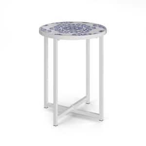 Merida Blue Mosaic and White Metal Outdoor Plant Stand/Side Table