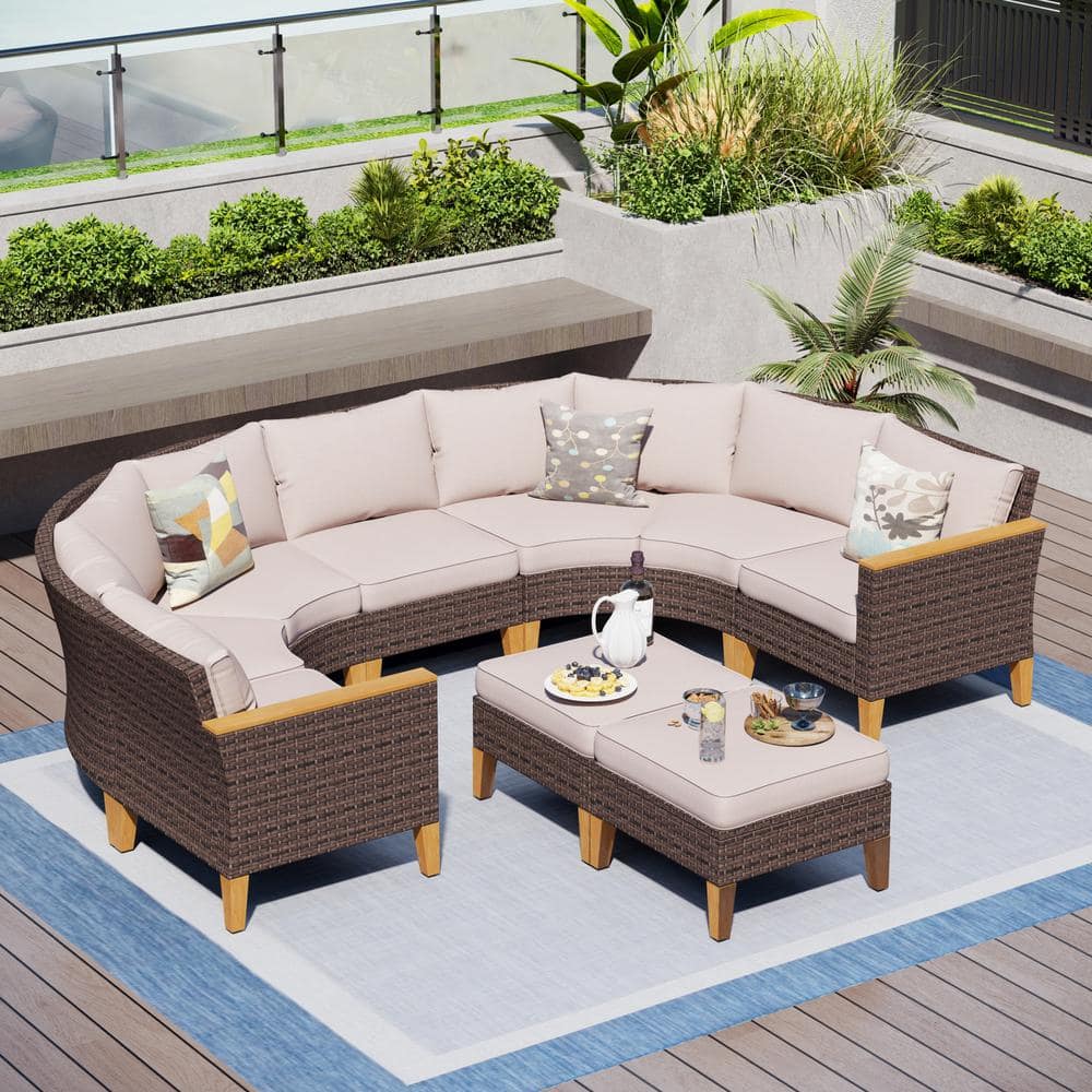 Phi Villa Brown Rattan Wicker 9 Seat 9-piece Steel Outdoor Patio 