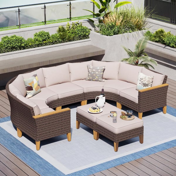 PHI VILLA Brown Rattan Wicker 9 Seat 9-Piece Steel Outdoor Patio Conversation Set with Beige Cushions